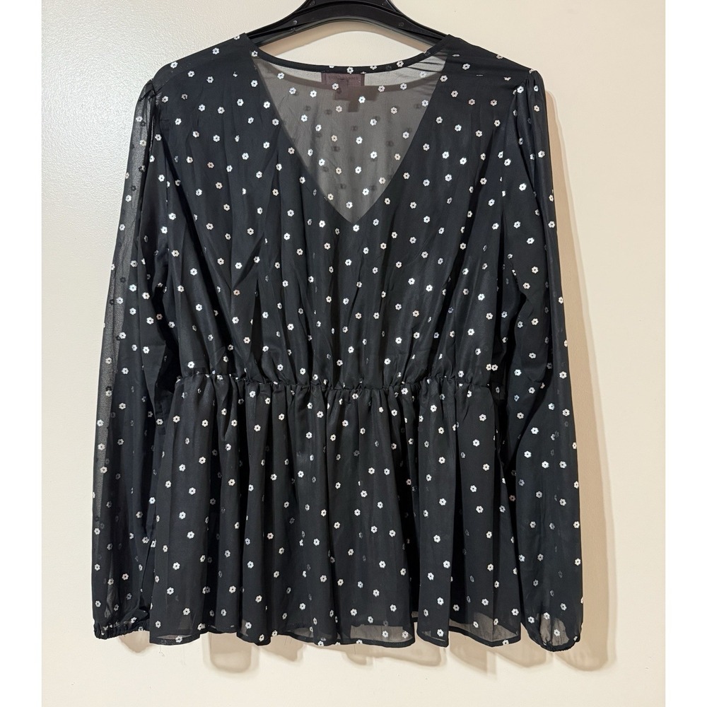 Rose and‎ Gray Women's Black Long Sleeves V-neck Metallic Babydoll Sheer Top 2X